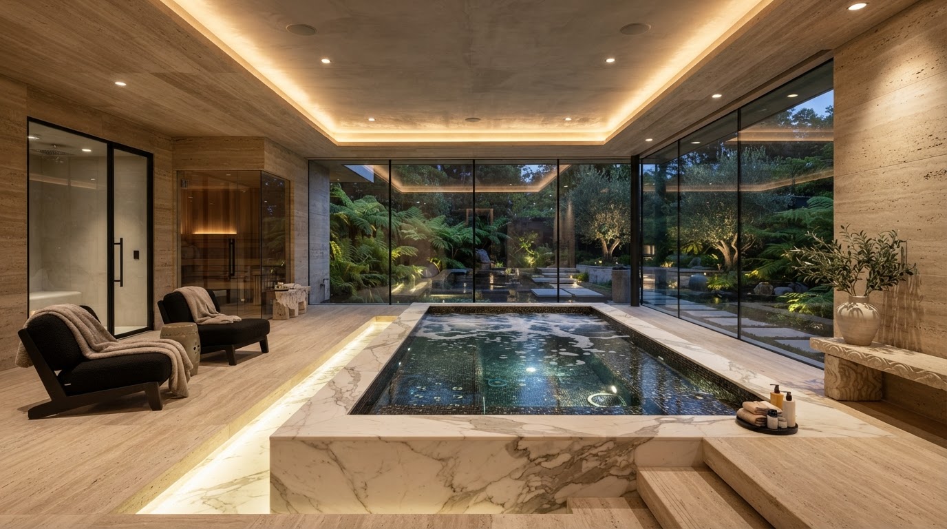 Luxury wellness spa sanctuary with hydrotherapy pool and warm ambient lighting
