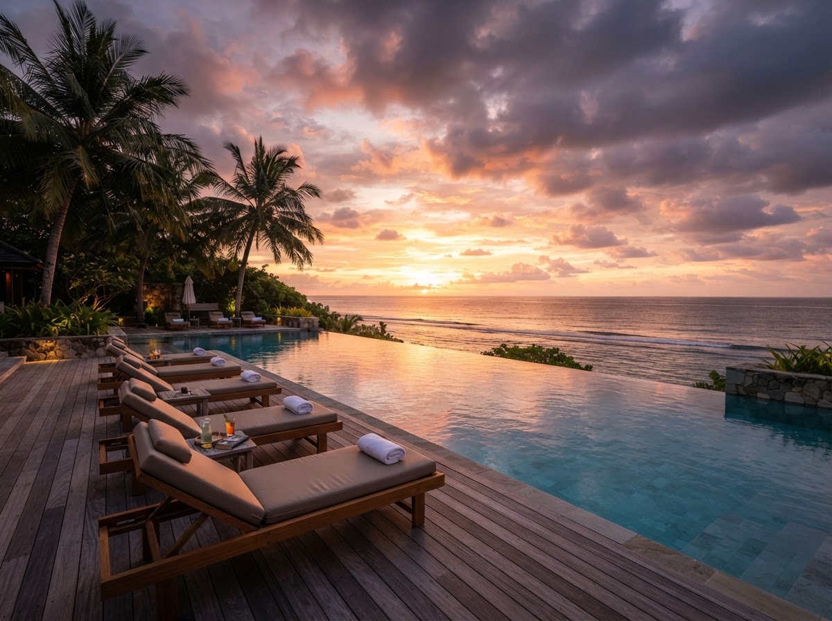 Resort infinity pool overlooking the ocean at sunset with palm trees.
