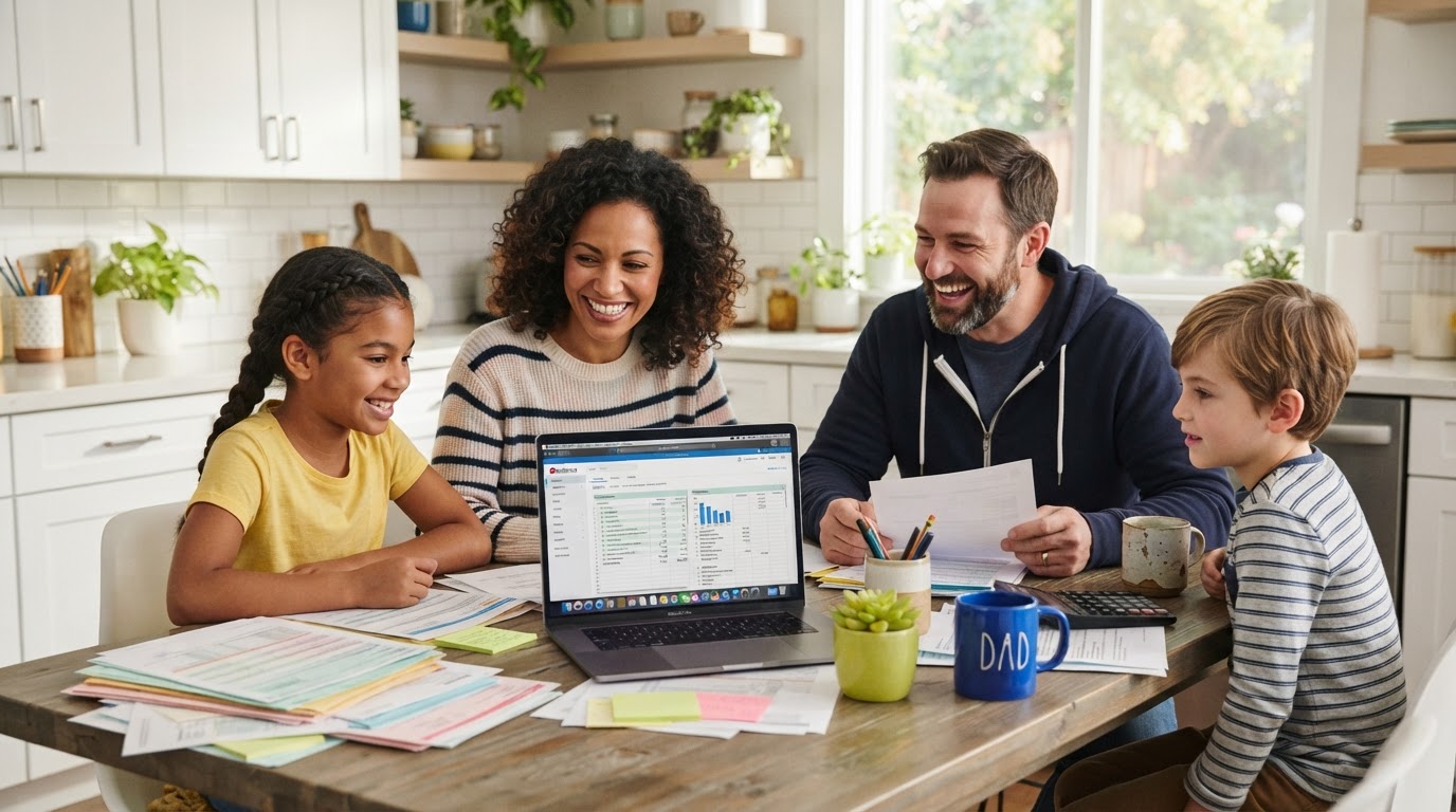 A diverse family smiling together at a kitchen table with a laptop and colorful tax documents, working with TrueLane Taxes.