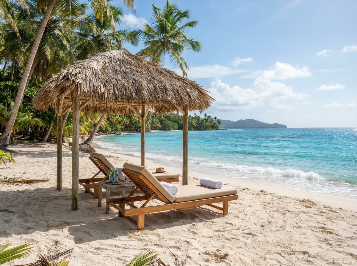 Tropical beach with two lounge chairs under a palapa overlooking a turquoise ocean.