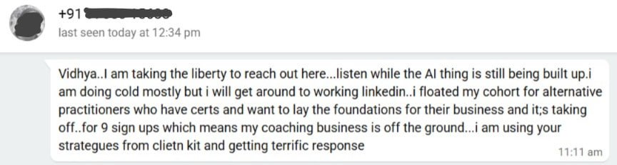 Client win message: Floated cohort, 9 signups, coaching business is off the ground