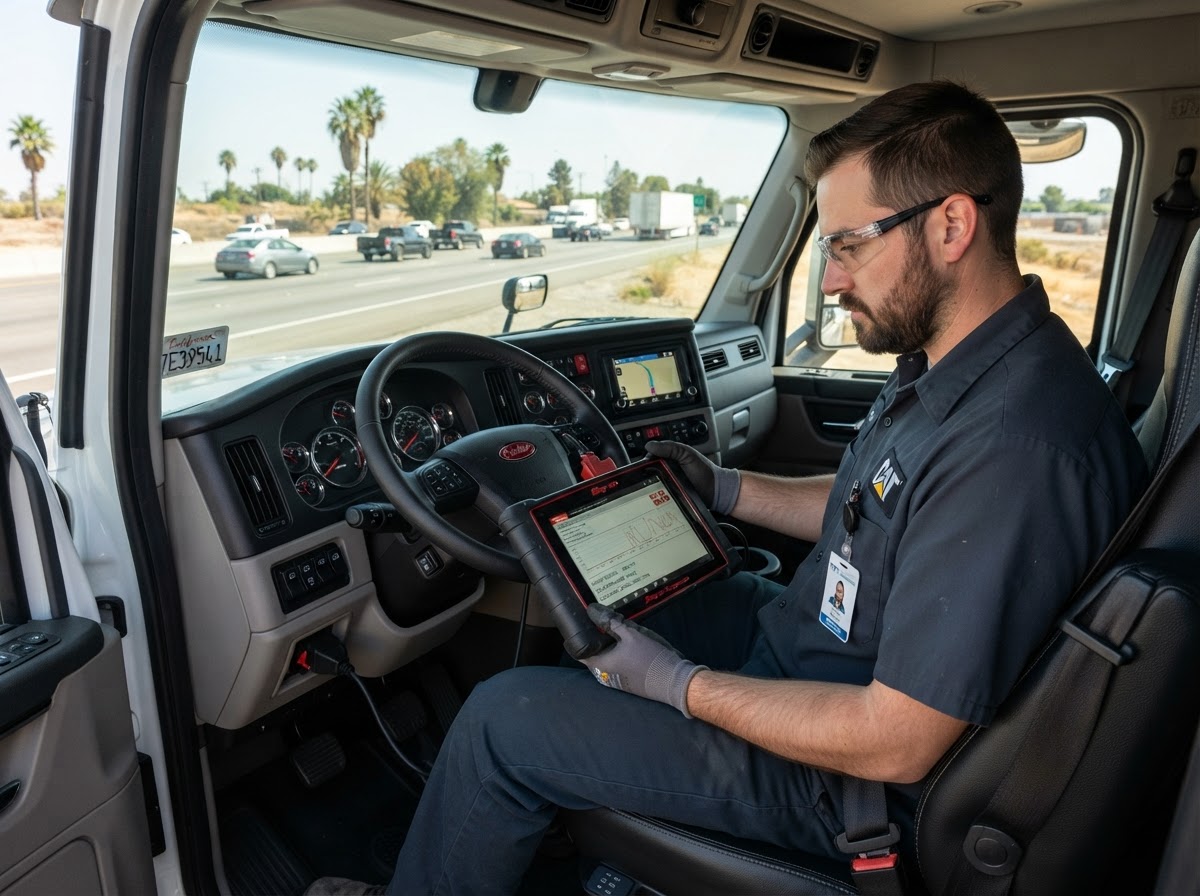 NorCal Calibration technician performing CARB OBD Clean Truck Check diagnostic scan on a diesel truck in Sacramento, CA