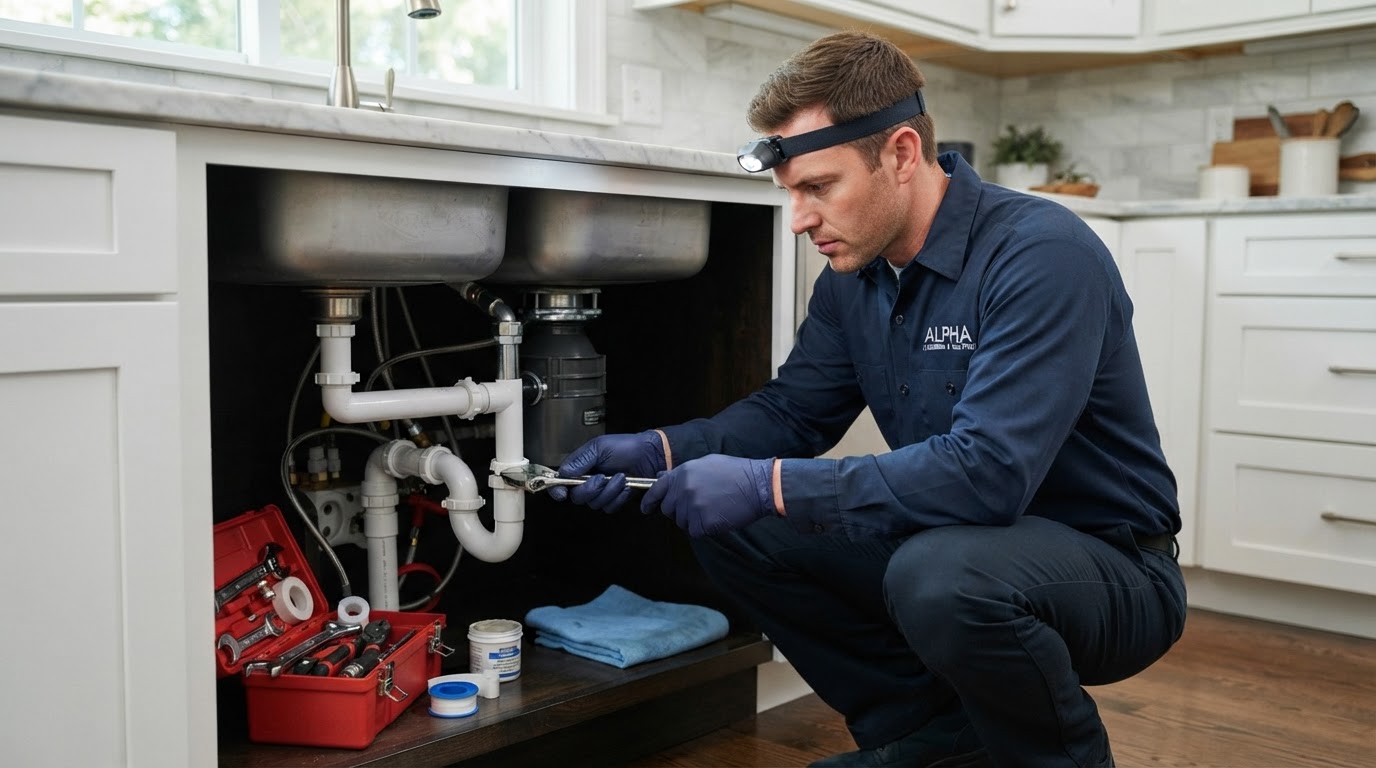 Professional plumber in a navy uniform repairing pipes under a clean kitchen sink