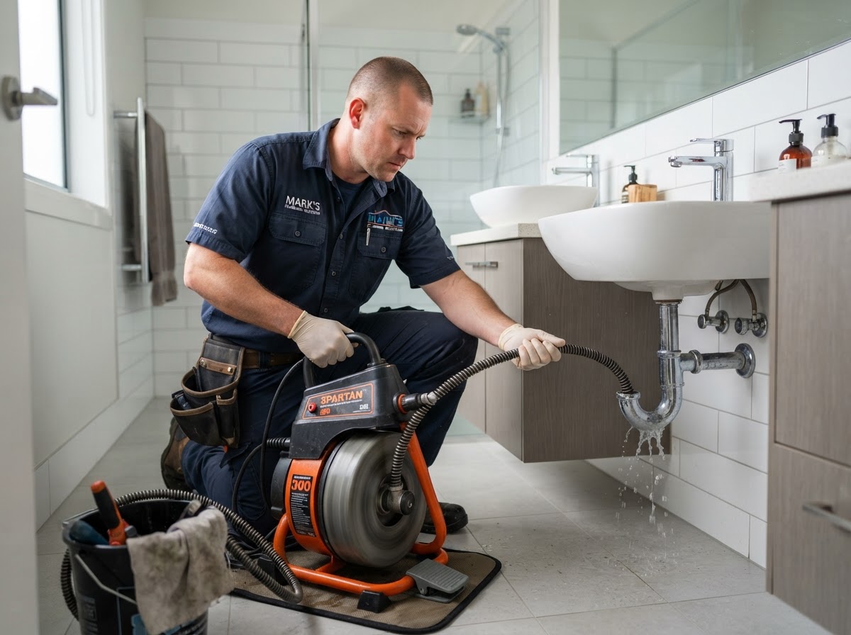 Professional plumber using a drain cleaning machine to clear a clogged drain