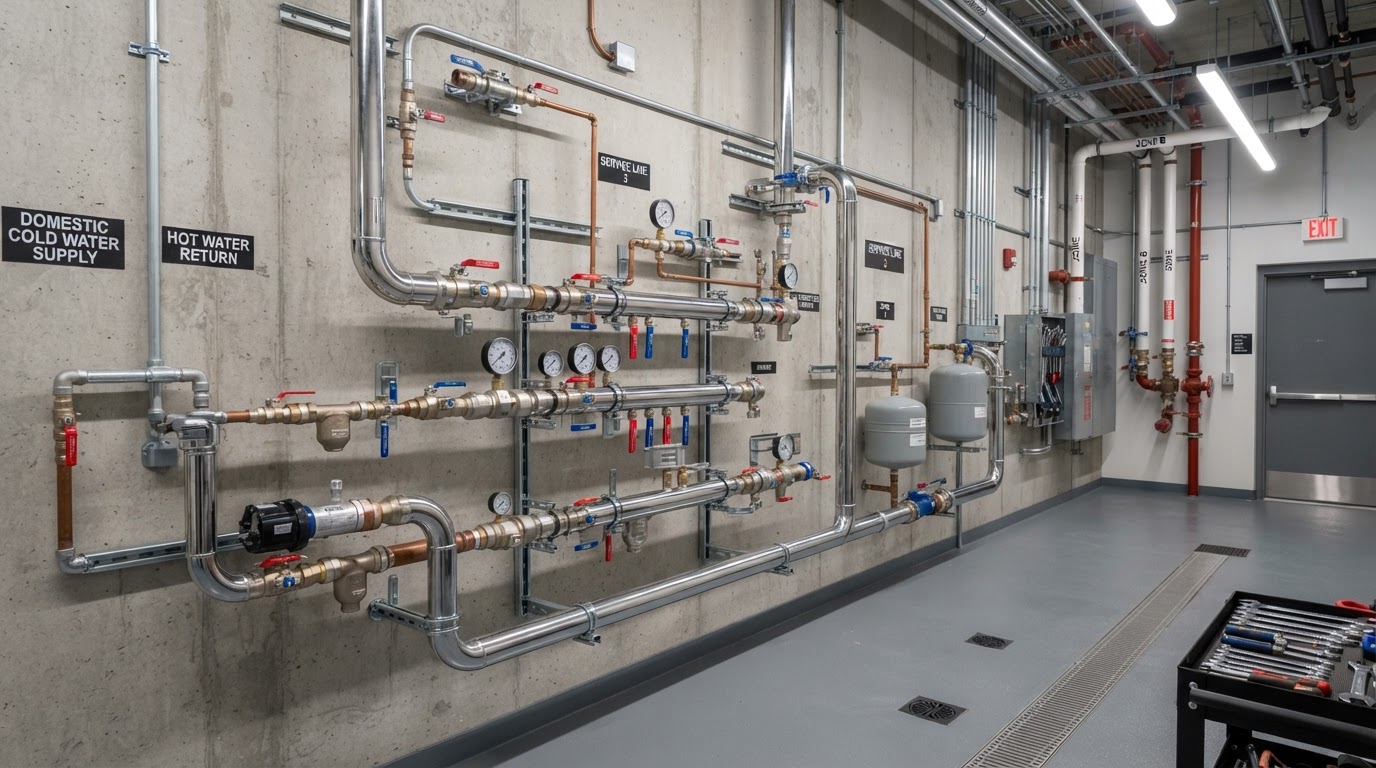Exposed chrome pipes and fixtures along a wall in a clean commercial building