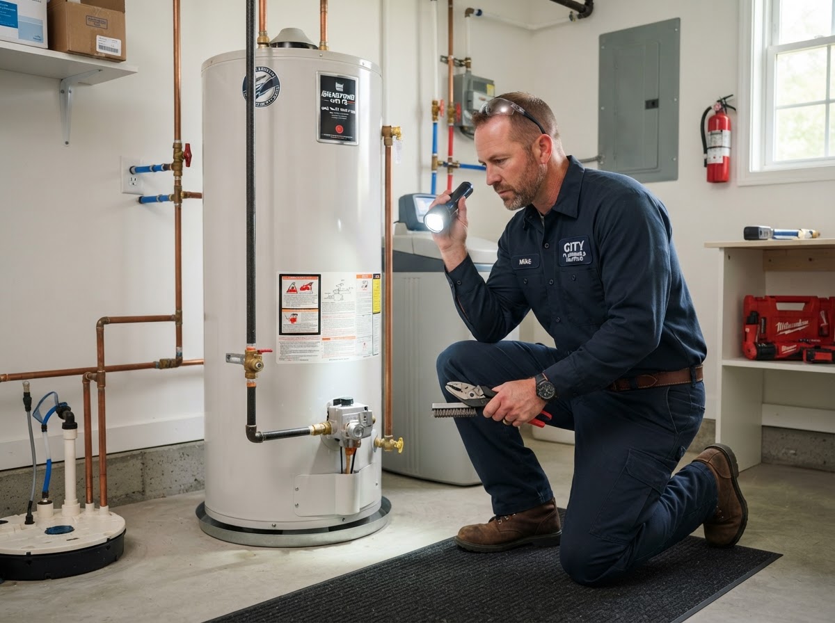 Professional plumber inspecting a residential water heater tank with a flashlight