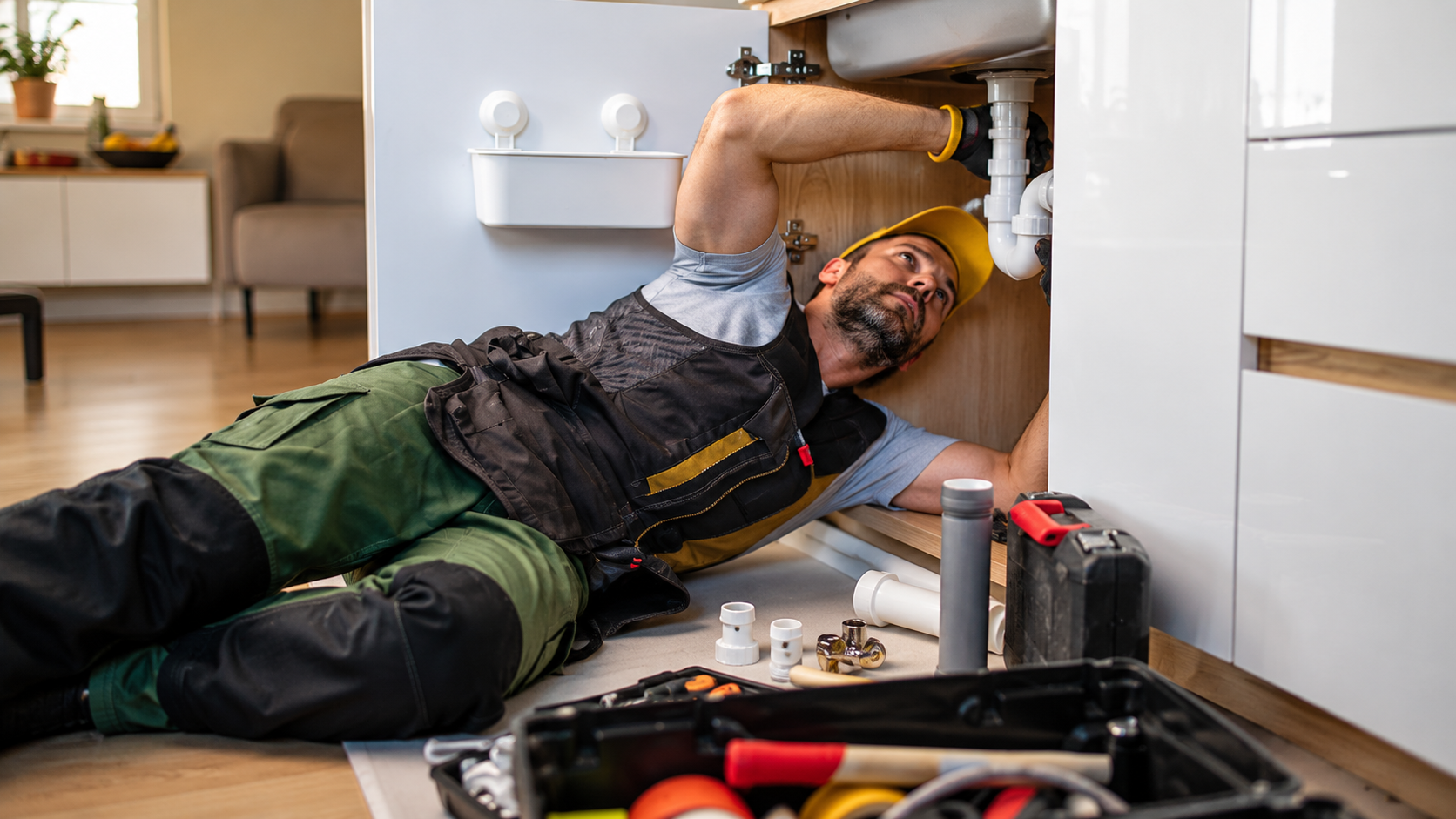 Professional plumber working under a kitchen sink repairing residential pipe fittings