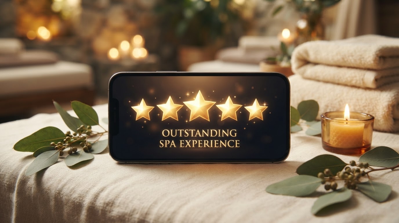 A phone screen showing five gold stars surrounded by soft spa elements
