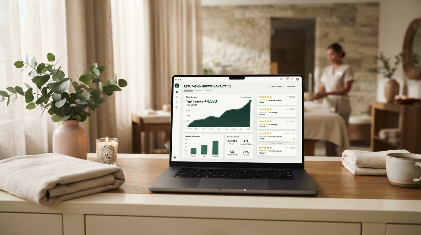 Laptop dashboard showing a review-growth chart trending upward with new five-star review notifications