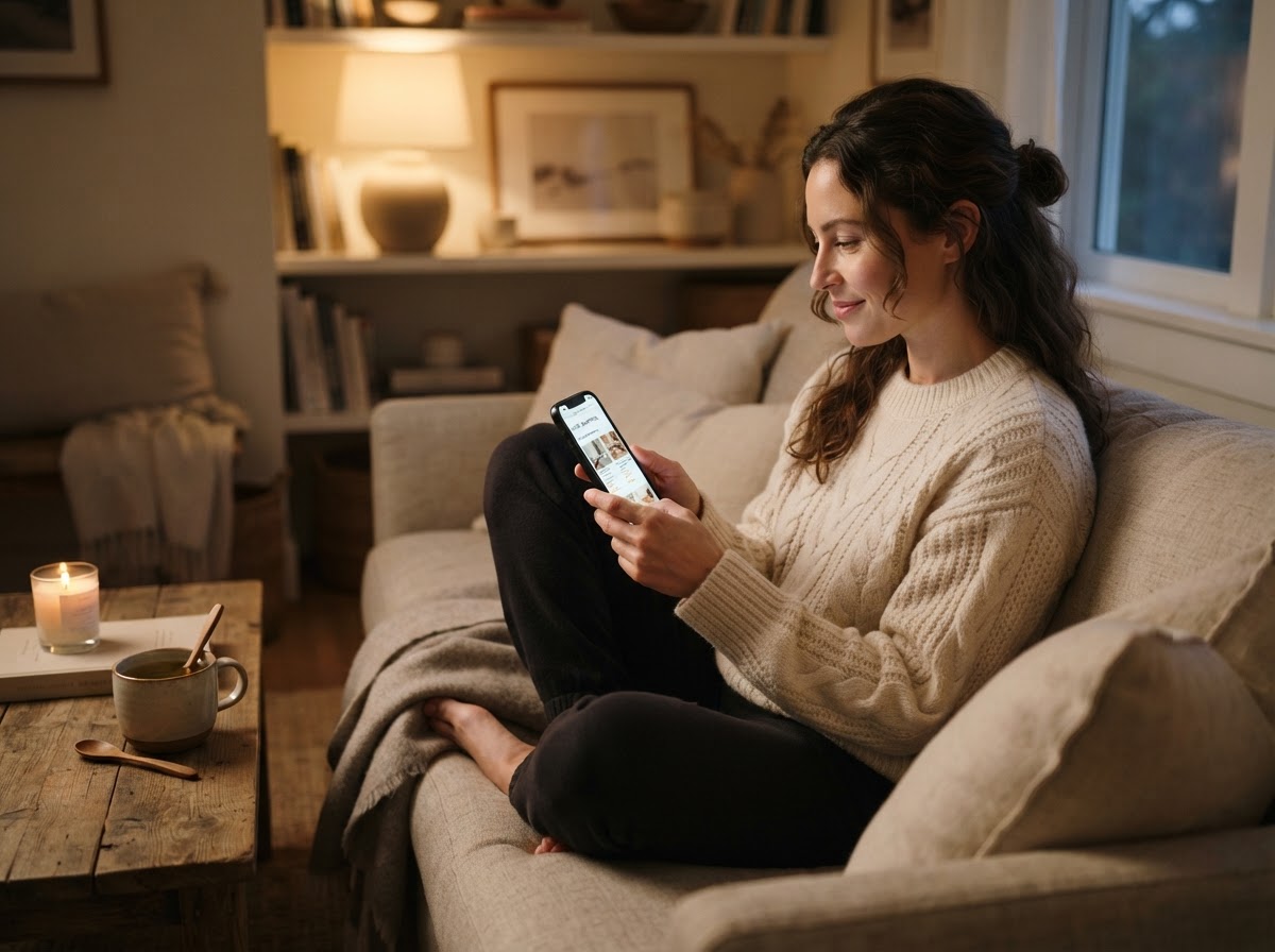 A relaxed woman scrolling on her phone on the couch, comparing local spa options