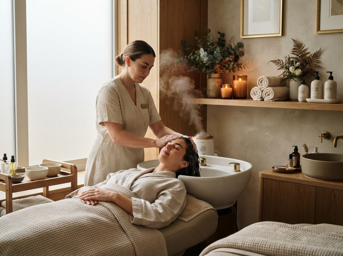 A serene upscale head spa treatment room with a client receiving a scalp treatment in soft natural light