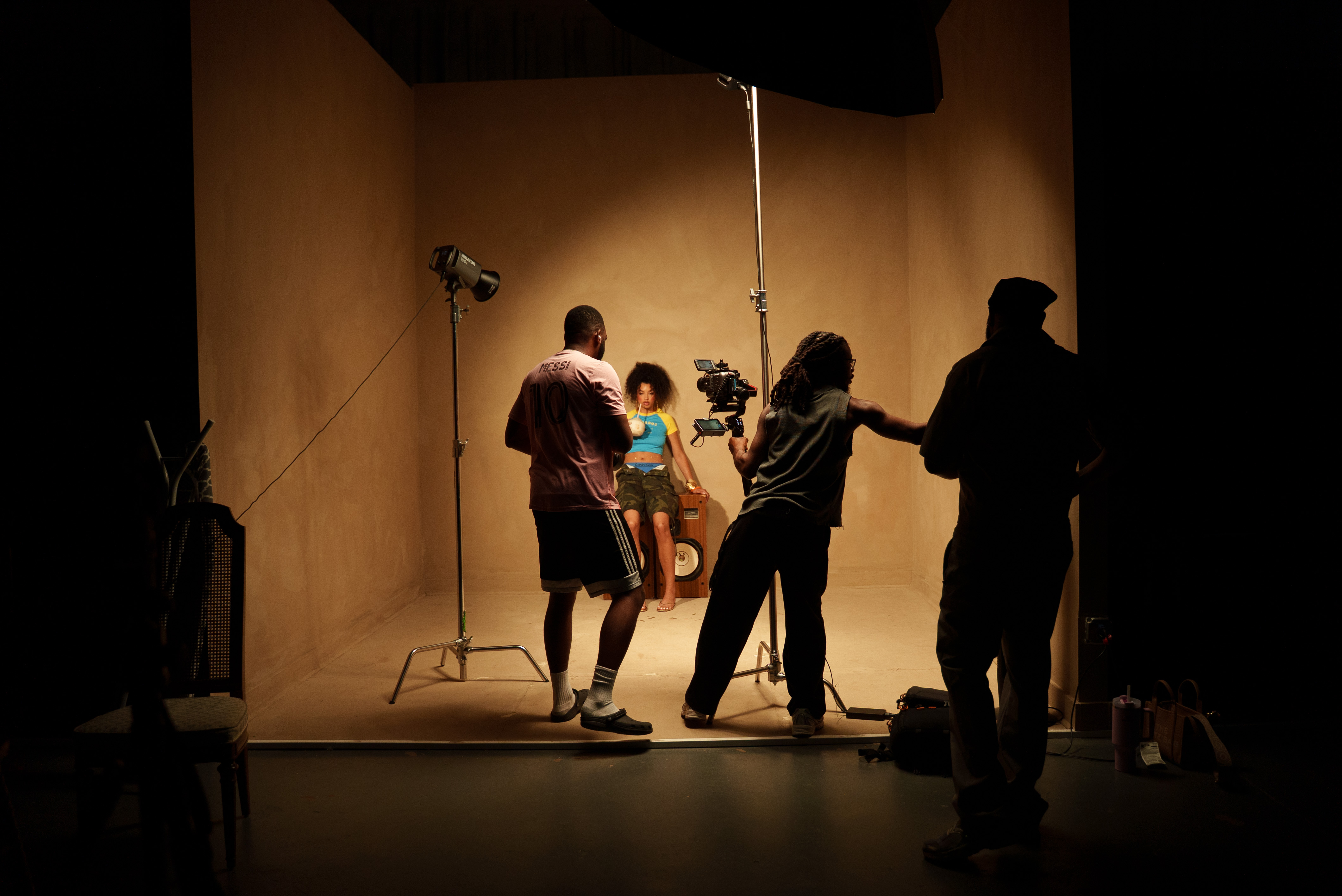 Cinematographer on gimbal camera & model session — Stone Wash Set