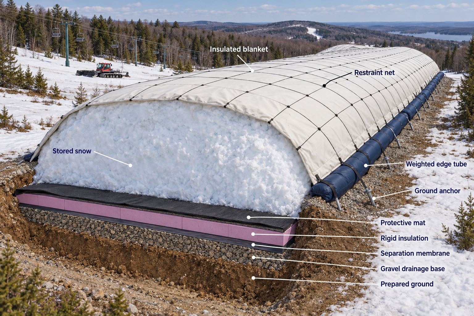 Snow storage cross-section diagram showing stored snow, insulated pillows, restraint net, perimeter strap, weighted edge tube, and ground anchor