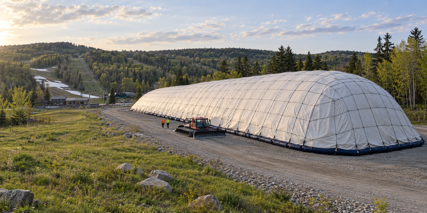 Snow-storage blanket installation beside downhill ski slopes and ski resort lodge