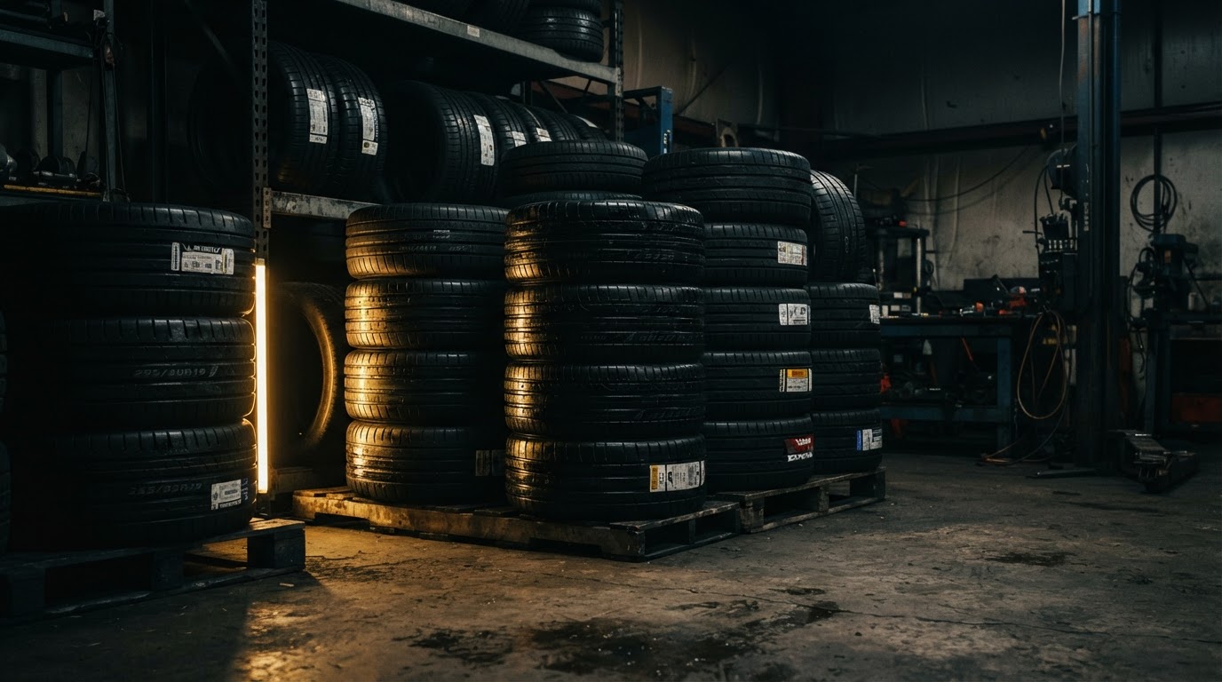 Stacked performance tires lit with warm yellow light in a dark tire shop