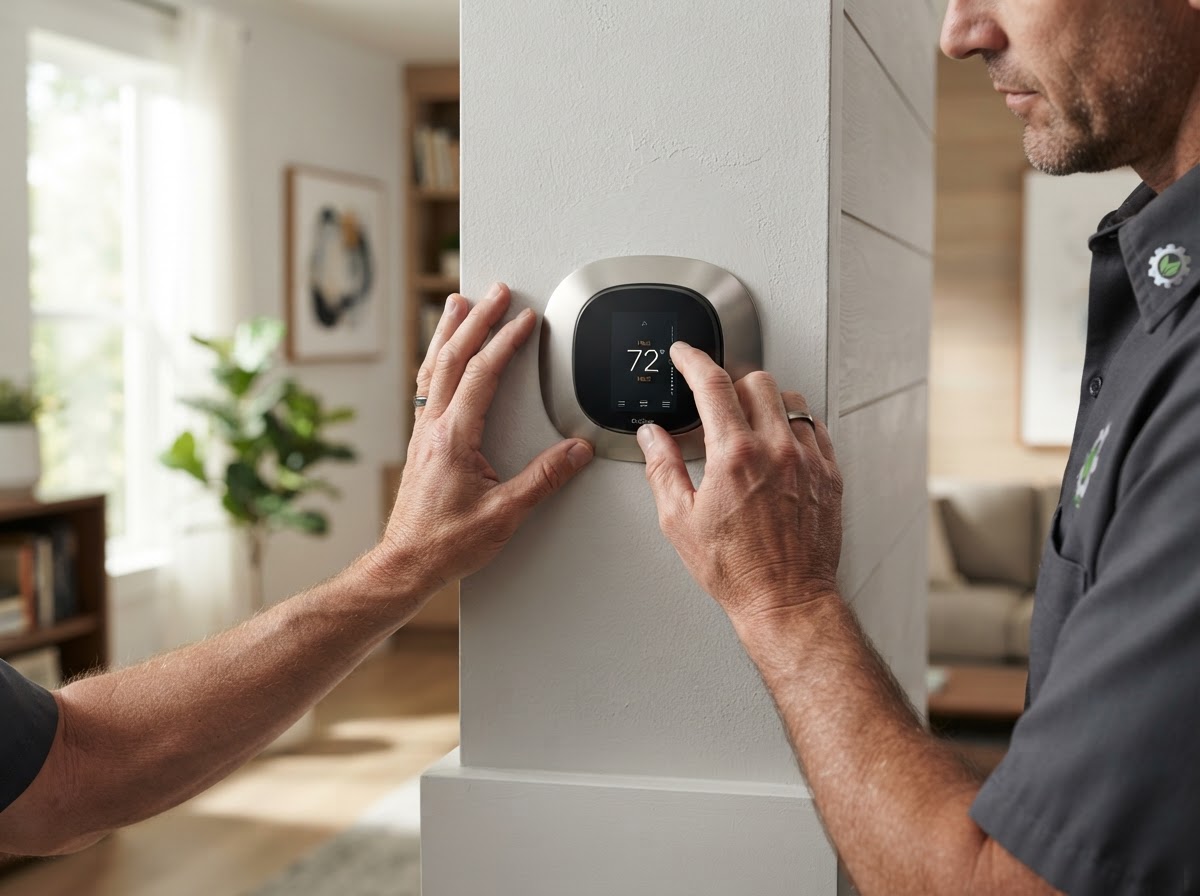 A technician adjusting a modern smart thermostat mounted on a residential wall