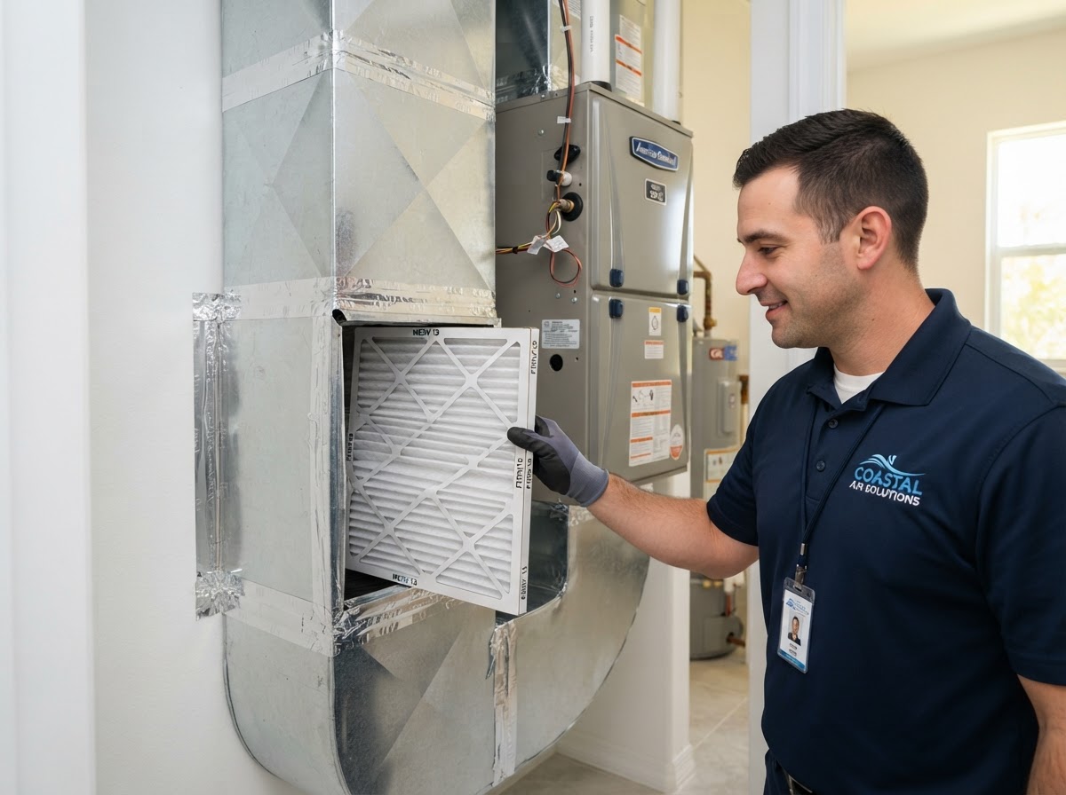 Clean residential HVAC air filter and ductwork being inspected for indoor air quality