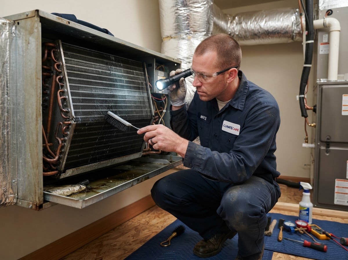 HVAC technician cleaning and inspecting an air conditioner evaporator coil with a flashlight during a tune-up