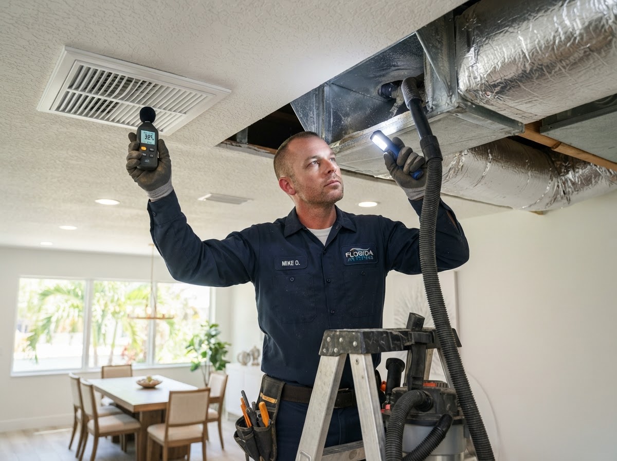 HVAC technician inspecting residential sheet-metal ductwork with a flashlight to check airflow