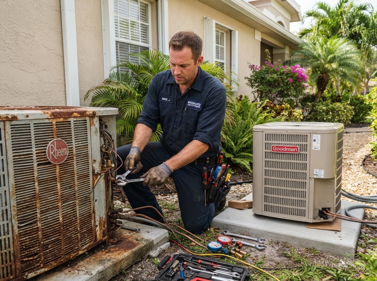 HVAC technician removing an old outdoor AC condenser and preparing to install a new replacement unit