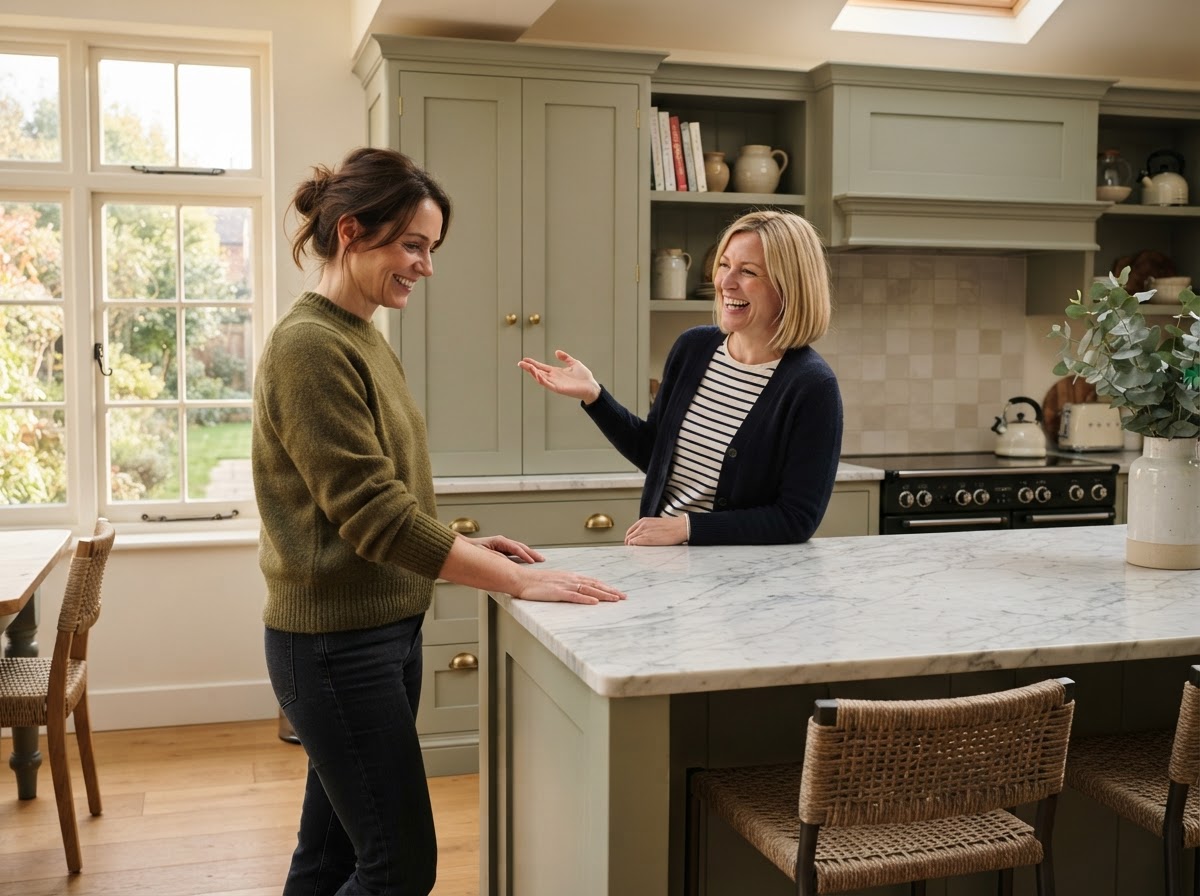 A homeowner admiring a recently completed bespoke kitchen installation in a UK home, a friend who recommended the installer standing beside them