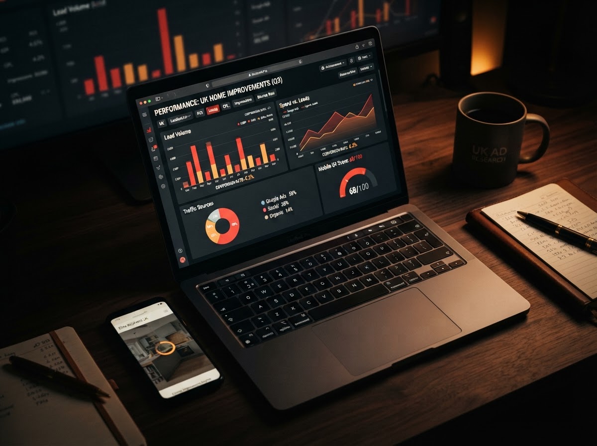 Analytics dashboard showing mobile landing page performance scores and advertising metrics for UK home improvement installers