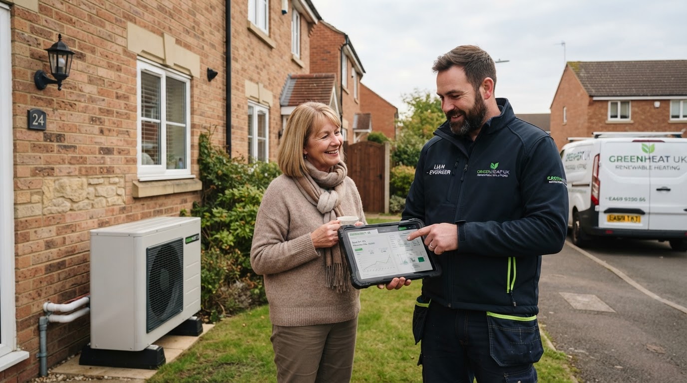 A heat pump installation engineer discussing a quotation with a UK homeowner outside their home