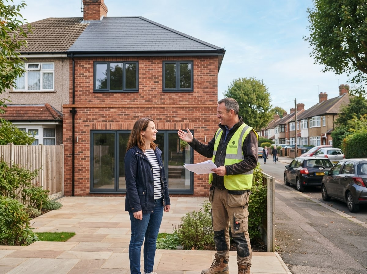 A homeowner in conversation with a builder beside a recently completed two-storey house extension on a UK residential street