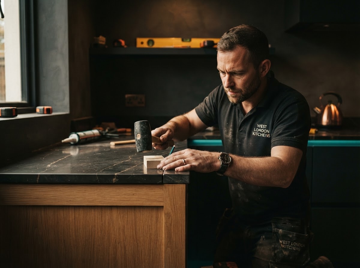 A skilled installer fitting a premium kitchen worktop in a newly renovated home