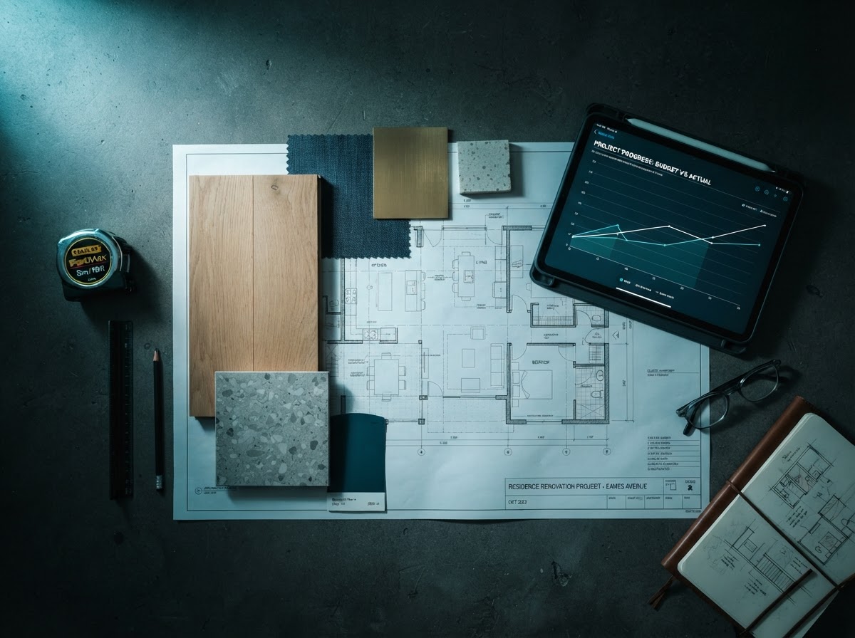 Architectural plans, blueprints and material samples laid out for a home improvement project