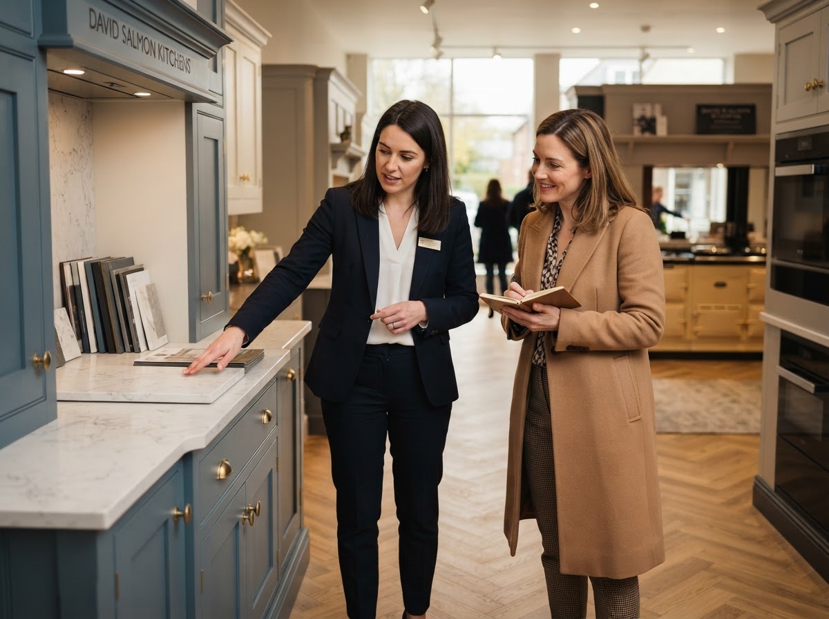 A kitchen designer consulting with a homeowner in a premium UK kitchen showroom, discussing cabinetry and worktop samples