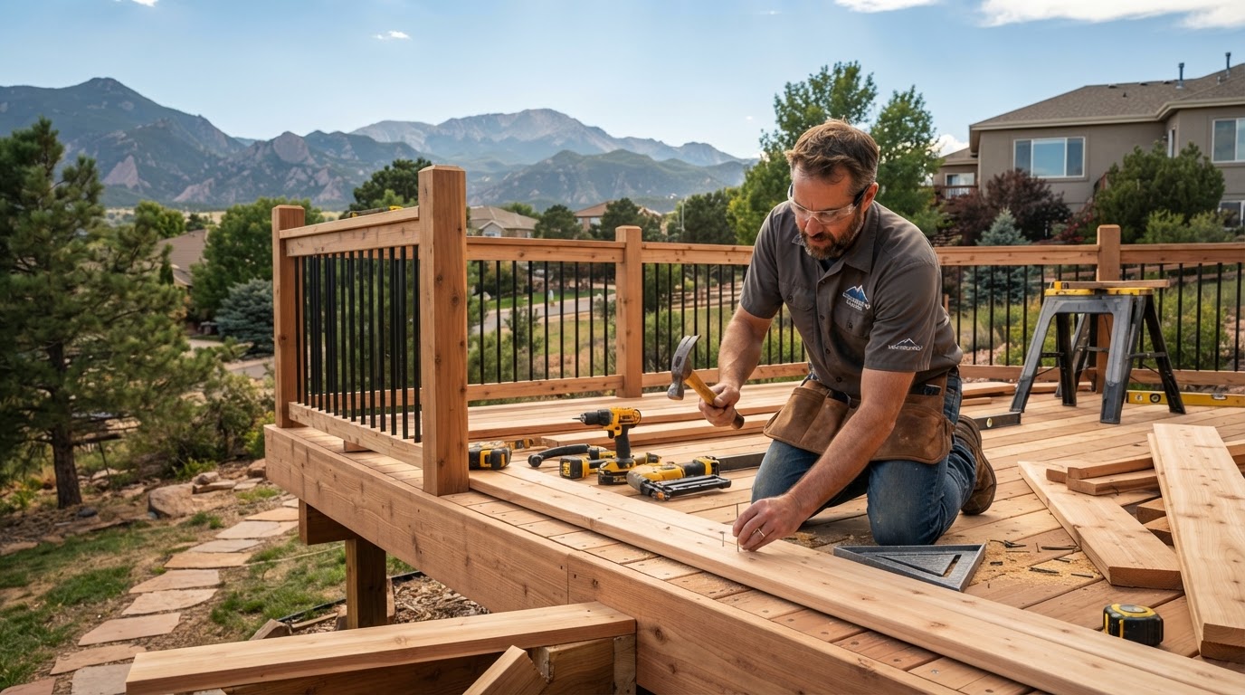 Ryan's Handyman Services craftsman building a custom residential deck in Colorado Springs