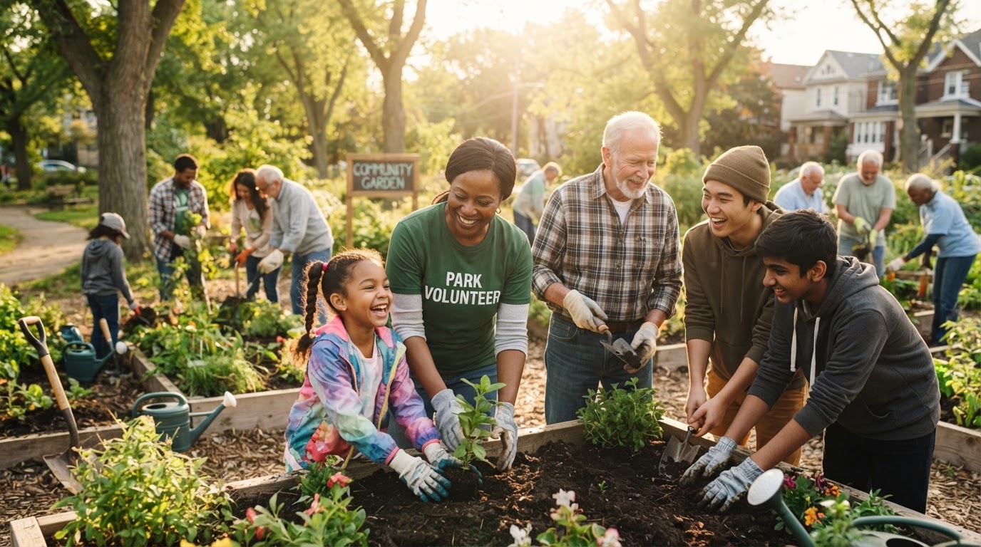 Community volunteers collaborating outdoors