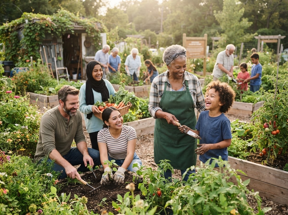 Neighbors working together in a community garden