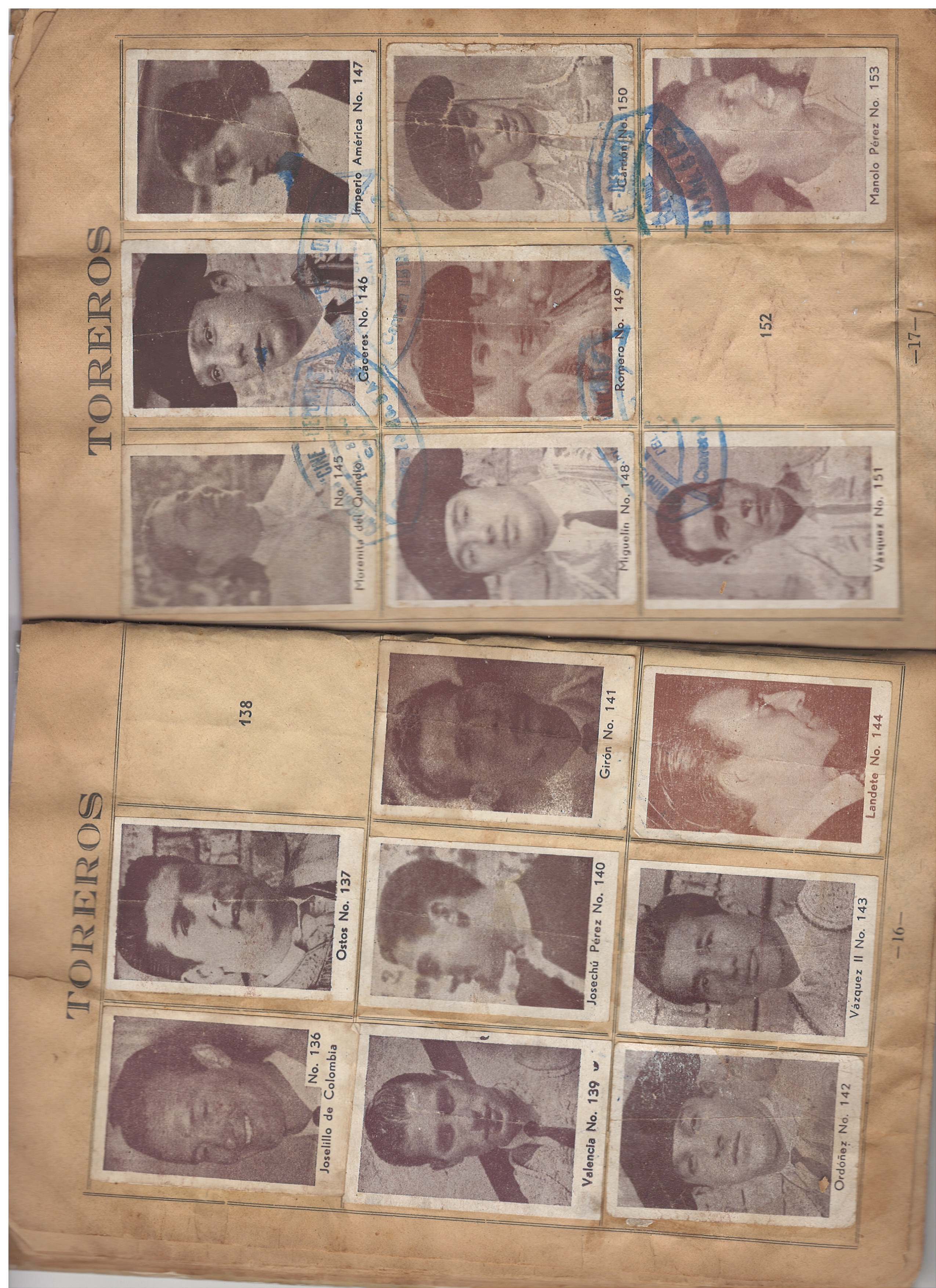 Páginas 16 y 17 — Sección Toreros (Láminas N.º 136 a 153)