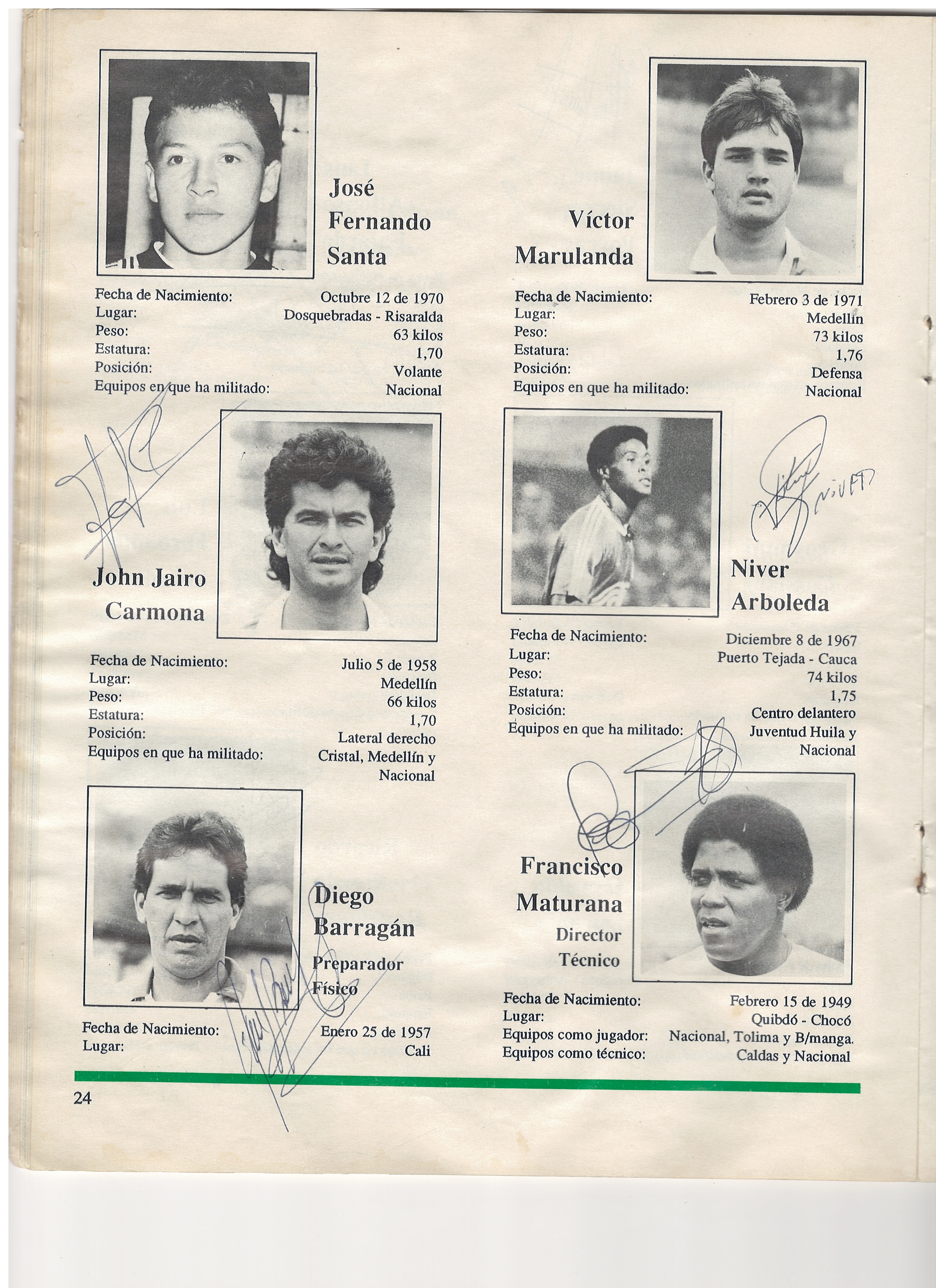 Página 24 — Los «Verdes» Uno por Uno: Santa, Marulanda, Carmona, Arboleda, Barragán y Maturana