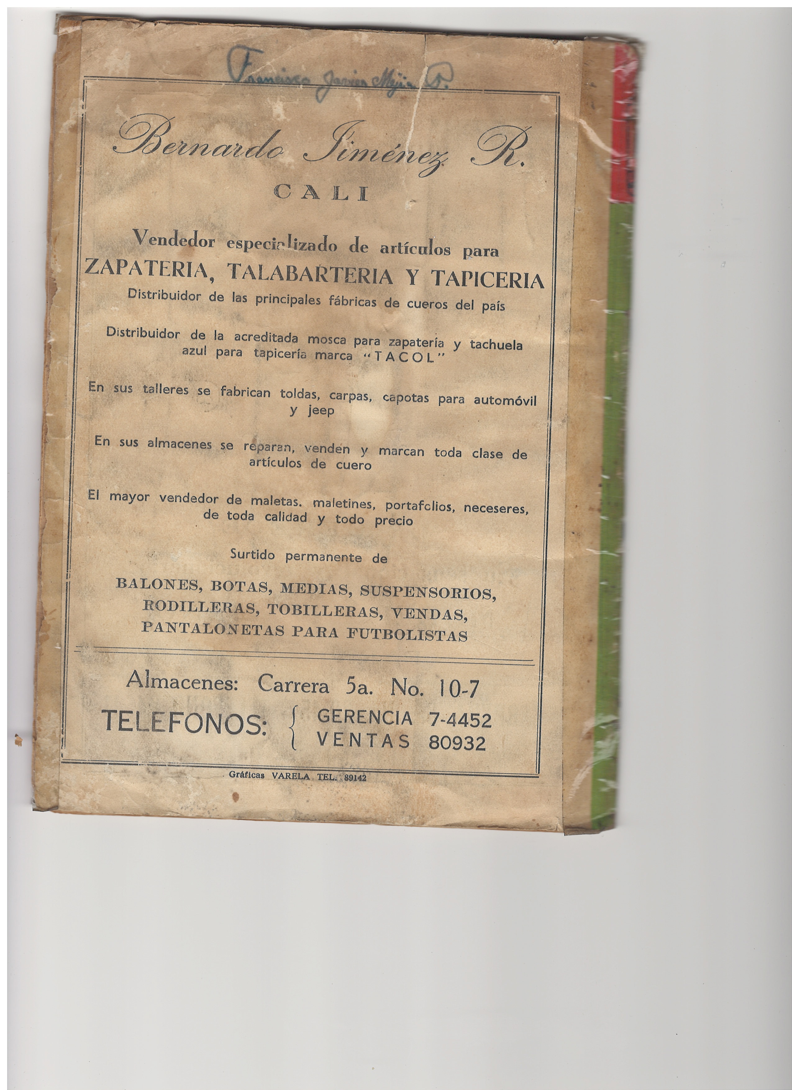 Contratapa Exterior — Bernardo Jiménez R. (Cali)