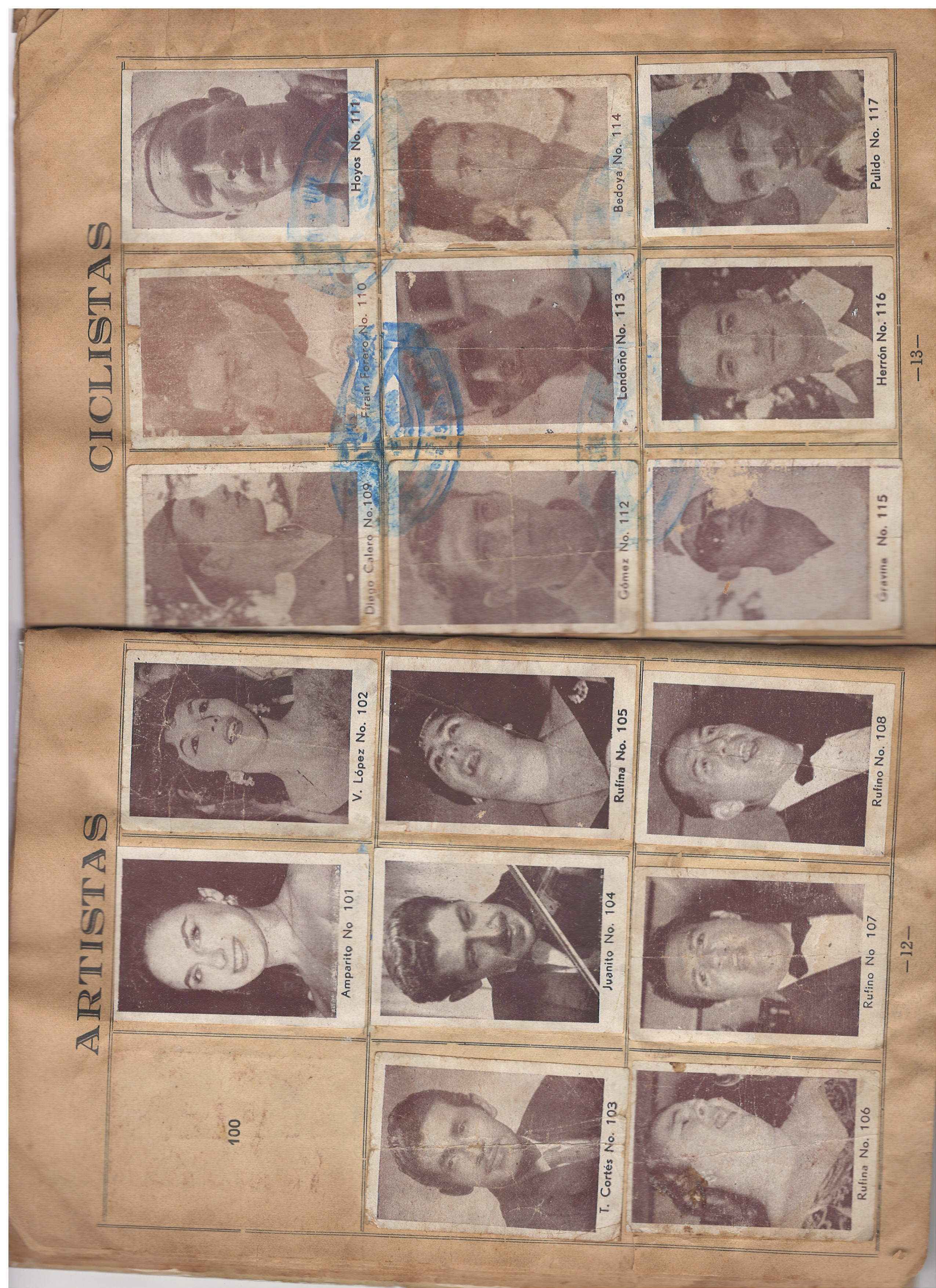 Páginas 12 y 13 — Artistas (N.º 101 a 108) y Ciclistas (N.º 109 a 117)