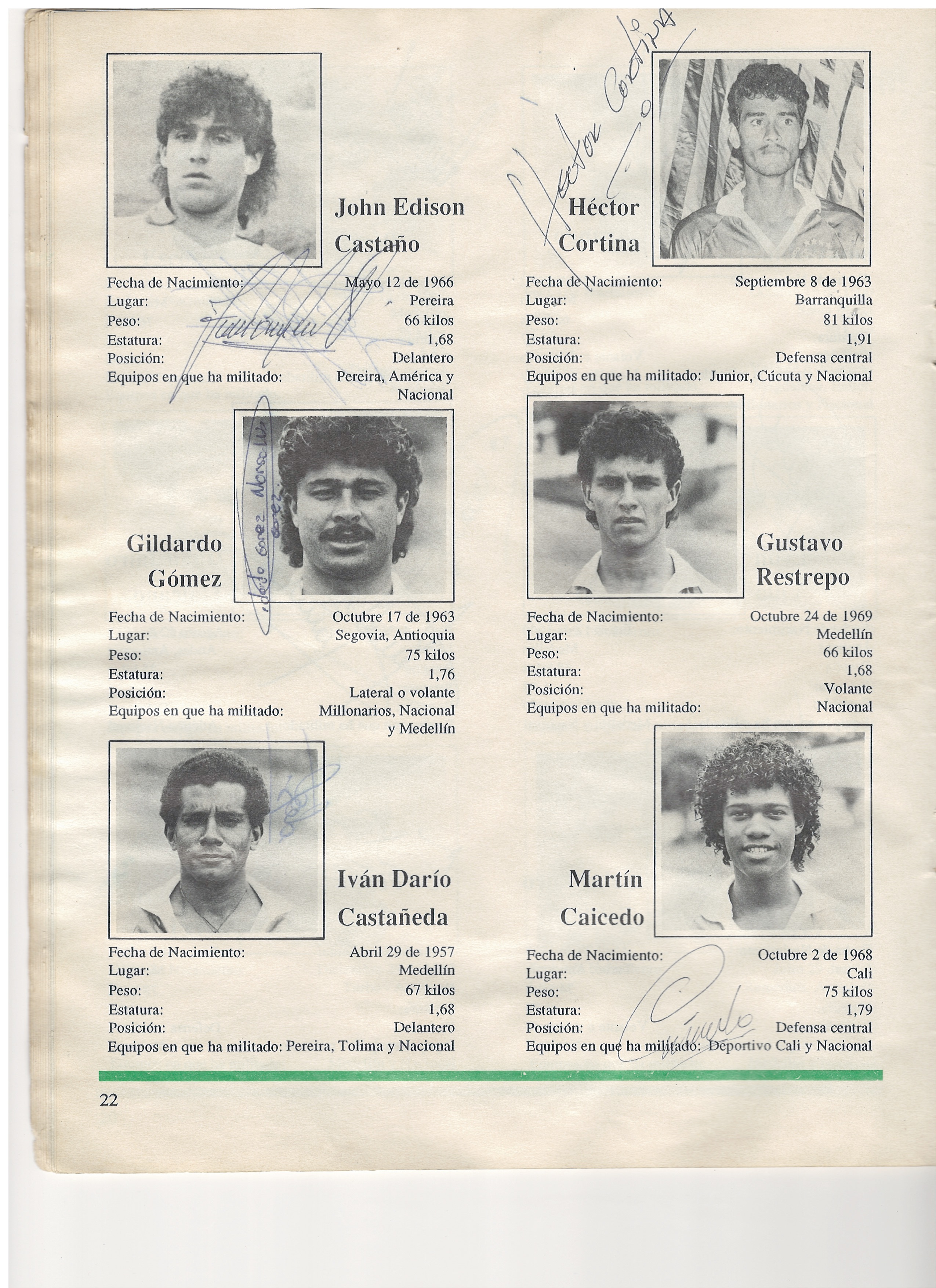 Página 22 — Los «Verdes» Uno por Uno: John Edison Castaño, Héctor Cortina, Gildardo Gómez, Gustavo Restrepo, Iván Darío Castañeda y Martín Caicedo