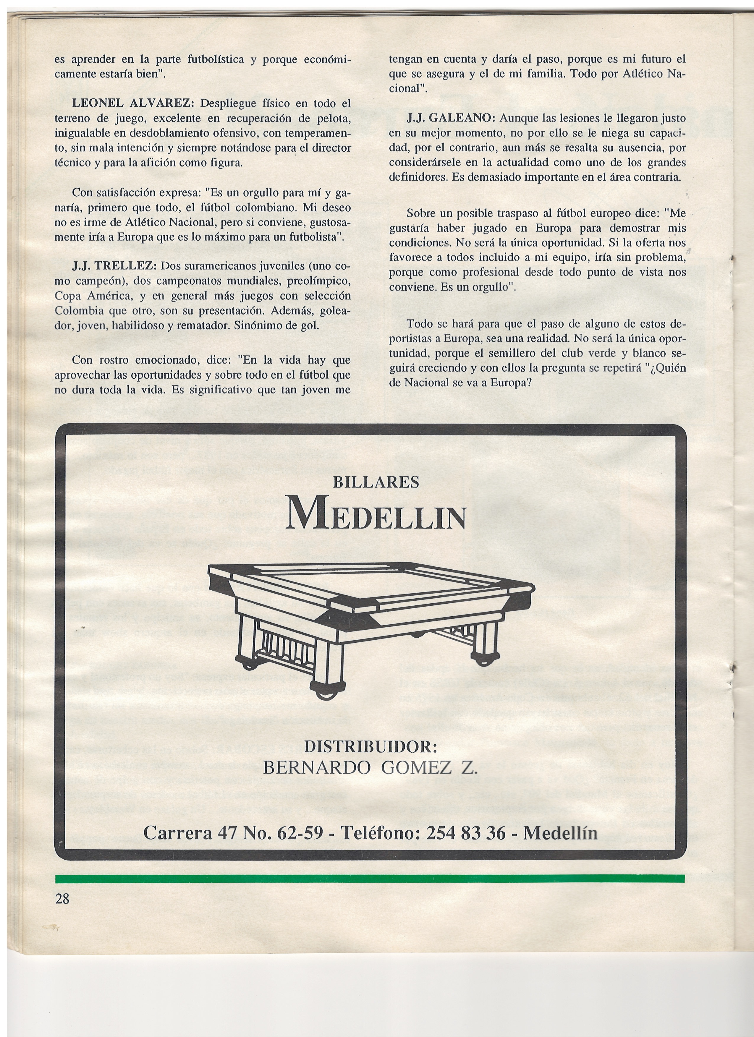 Página 28 — «¿Quién se va de Nacional para Europa? (III)» y Publicidad «Billares Medellín»