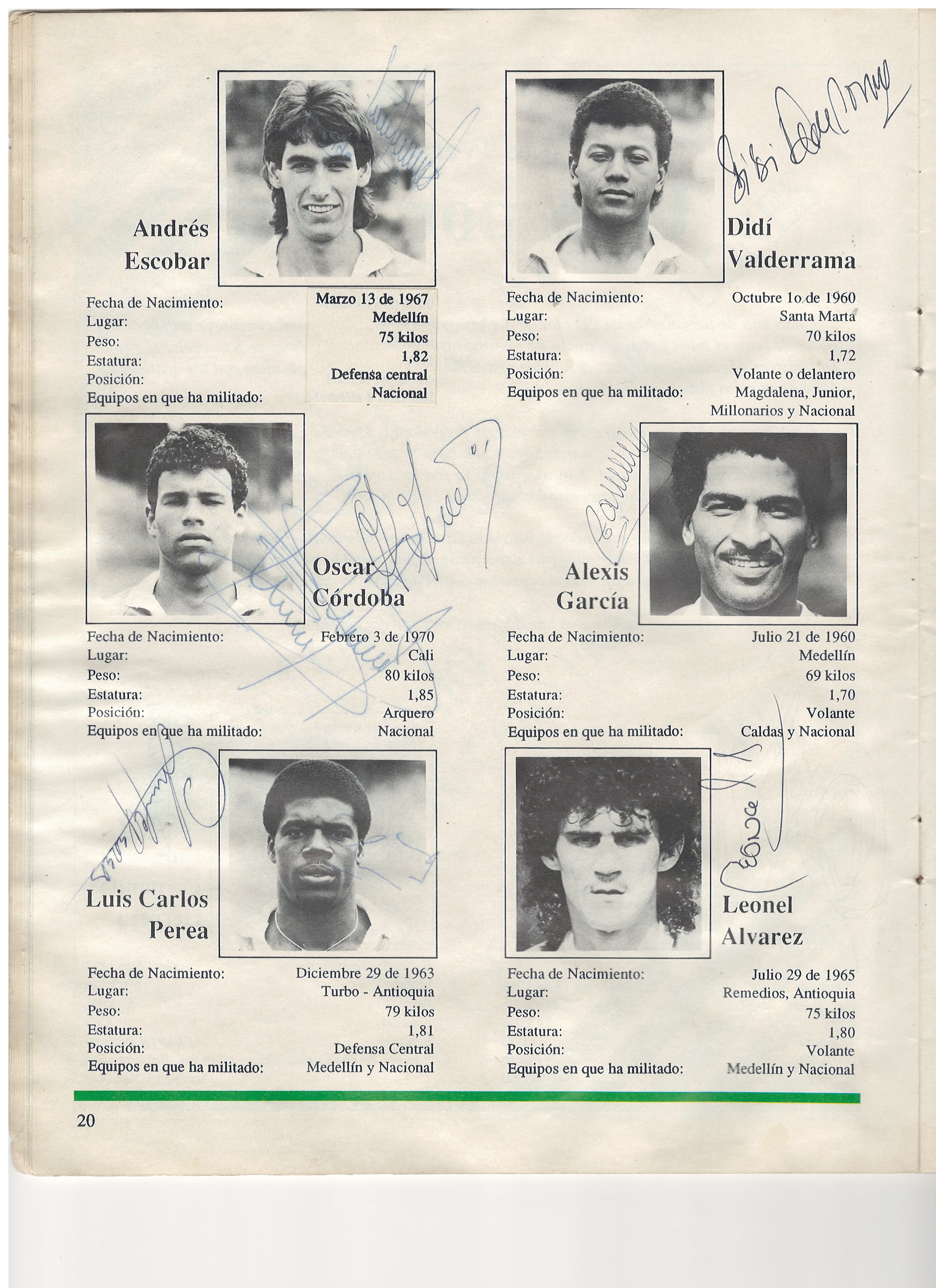 Página 20 — Los «Verdes» Uno por Uno: Andrés Escobar, Didí Valderrama, Óscar Córdoba, Alexis García, Luis Carlos Perea y Leonel Álvarez