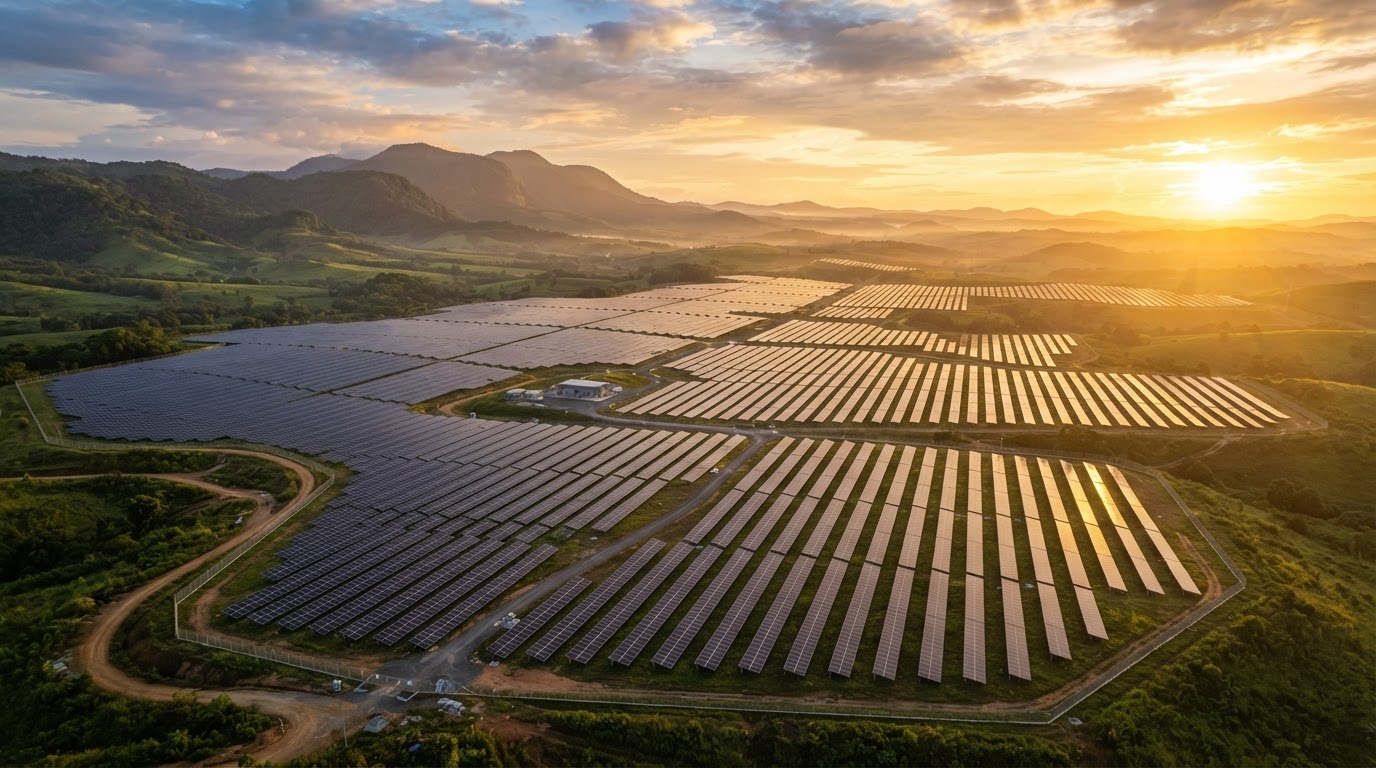 Aerial view of a vast solar panel farm at golden sunrise