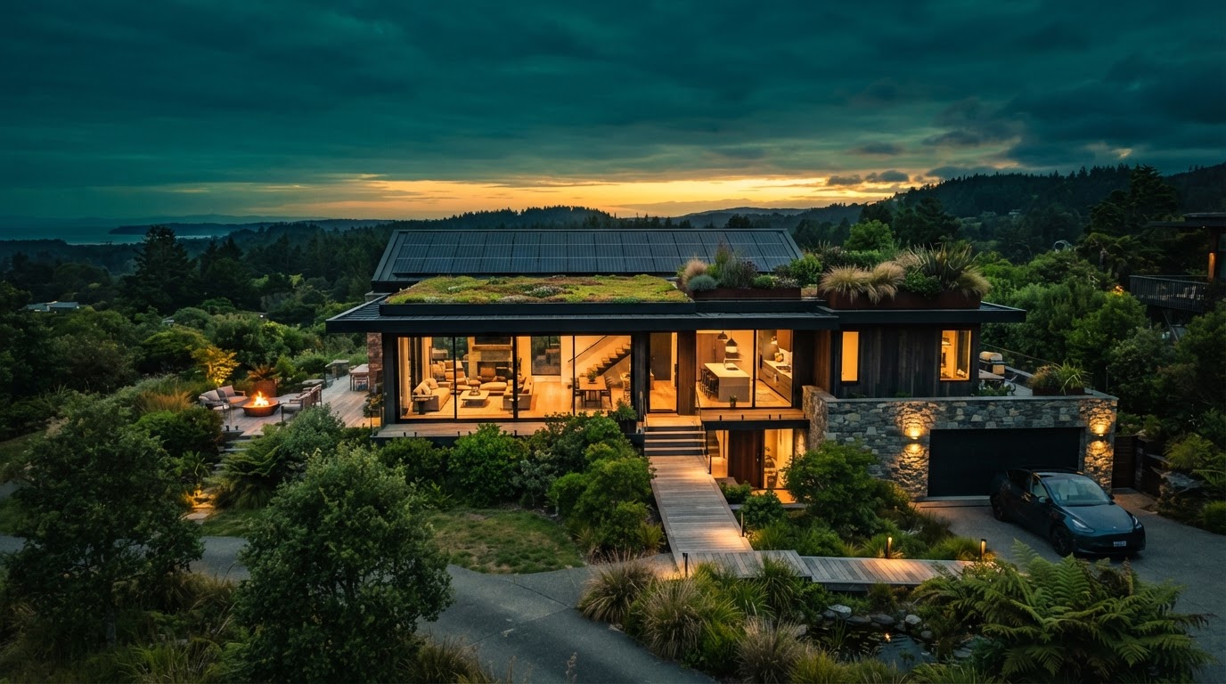 Sustainable home with rooftop solar at dusk