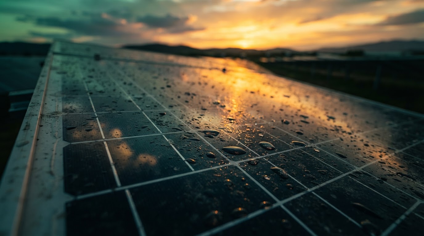 Macro view of a solar panel surface reflecting gold light