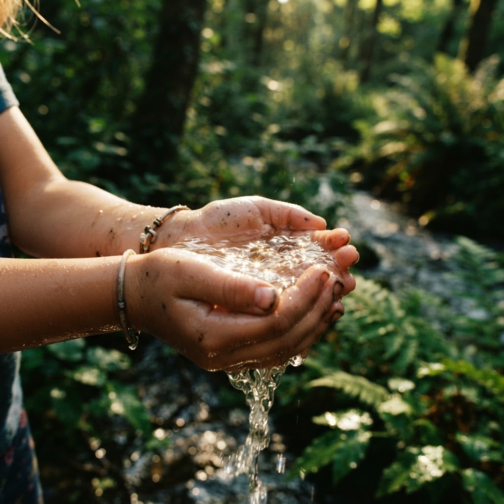 Clean water cupped in hands with golden sunlight