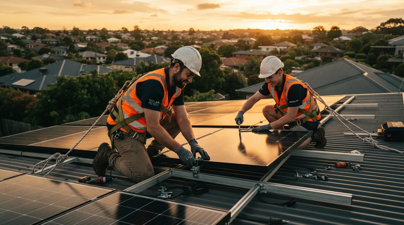 Solar engineers installing rooftop panels
