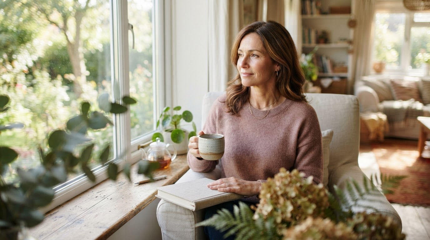 A serene midlife woman enjoying a quiet moment by a window with a cup of tea