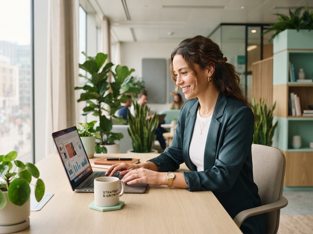 A cleaning business entrepreneur working on a laptop in a bright modern office