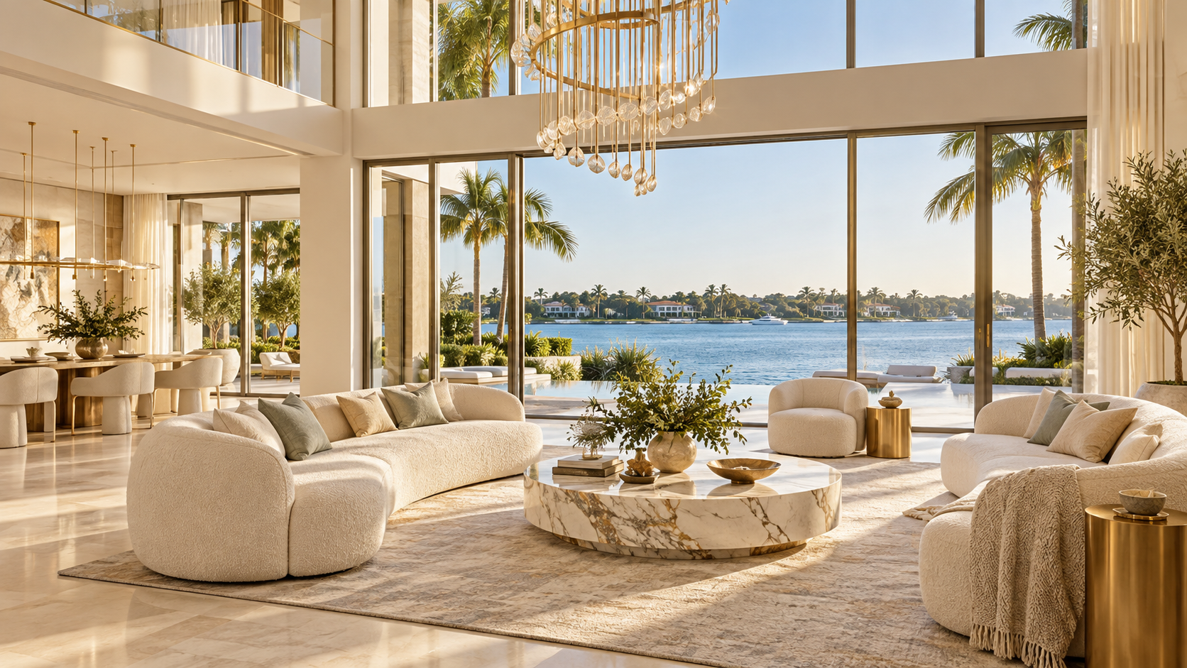 Curated waterfront salon with floor-to-ceiling glass and chandelier