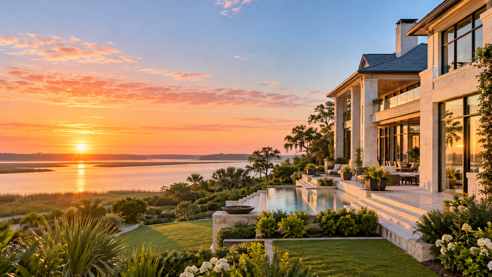 Luminous sunrise over water beside an illustrative luxury waterfront home